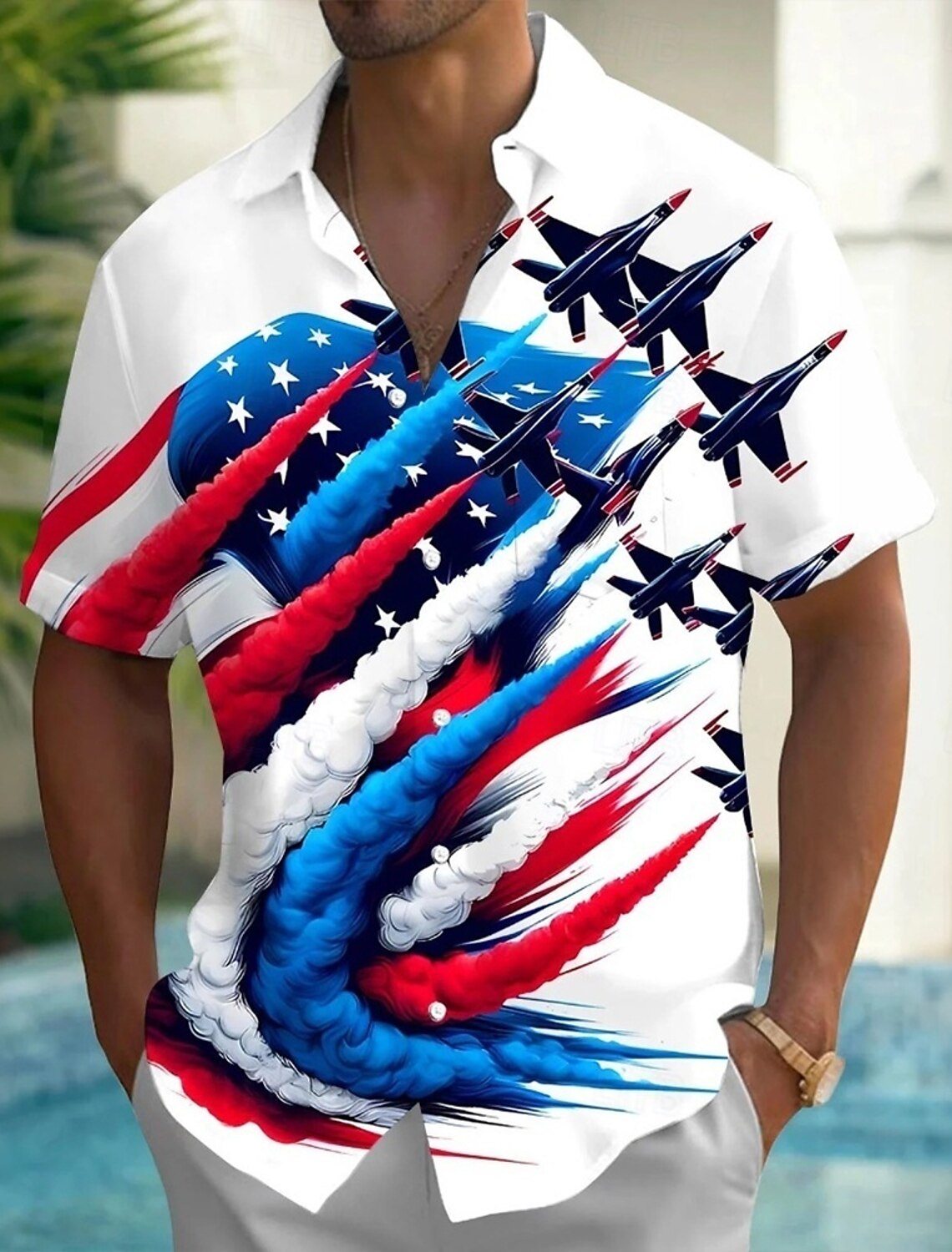 Men's 4th of July U.S. 250th Anniversary Jet Fighter American Flag Shirt Summer Shirt Button Up Shirt Short Sleeve Patriotic Outdoor Holiday Summer Spring Turndown 3D Print Collared Shirts Front One