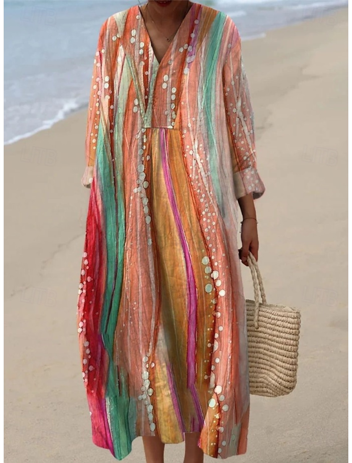 Women's Midi Dress V Neck Long Sleeve Kaftan Lightweight Loose Fit A Line Dress Casual Boho Party Going out Loose Fit Graphic Geometric Stripe Long Sleeve V Neck Black Yellow Blue Orange