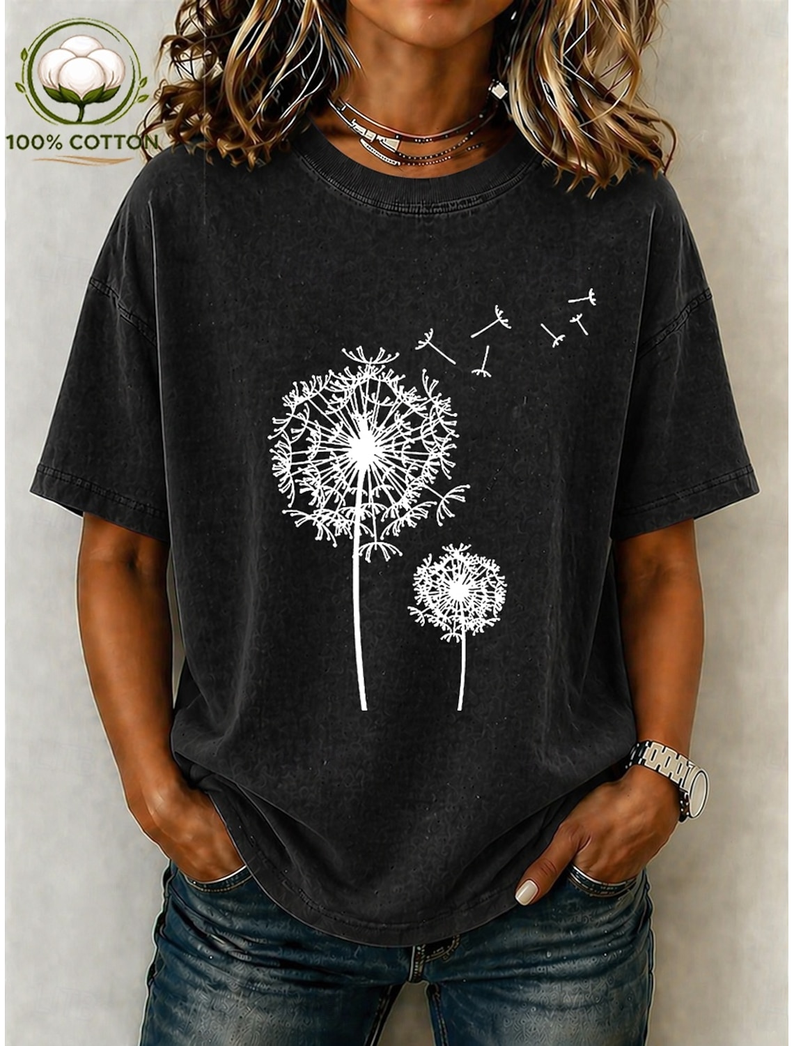 Women's 100% Cotton T Shirt Vintage Washed Tops Print Graphic Plants Stylish Basic Short Sleeve Crew Neck Regular Tops Casual Daily Blue Black Pink Purple Brown Summer Spring