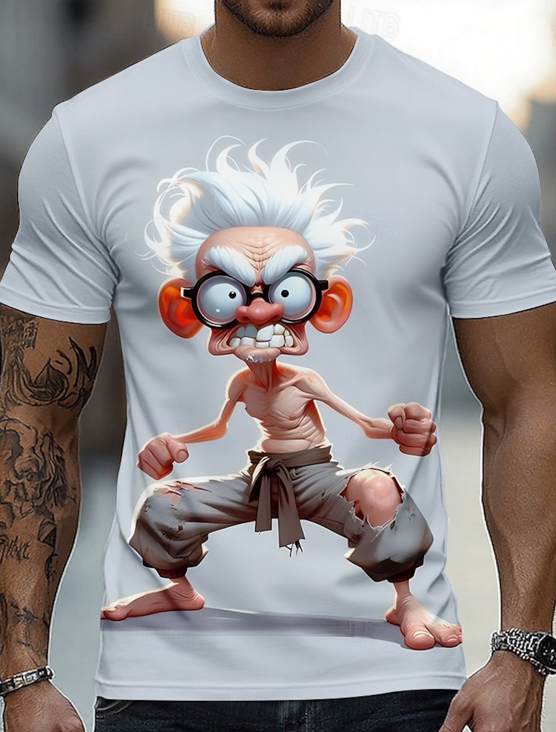 Funny 3D Graphic Cool Old Man with White Beard & Sunglasses Men's Teal T-Shirt - Quirky Grandpa Caricature Design Short Sleeve Crew Neck Summer Beach Holiday Tee - Unique Father's Day Gift Apparel