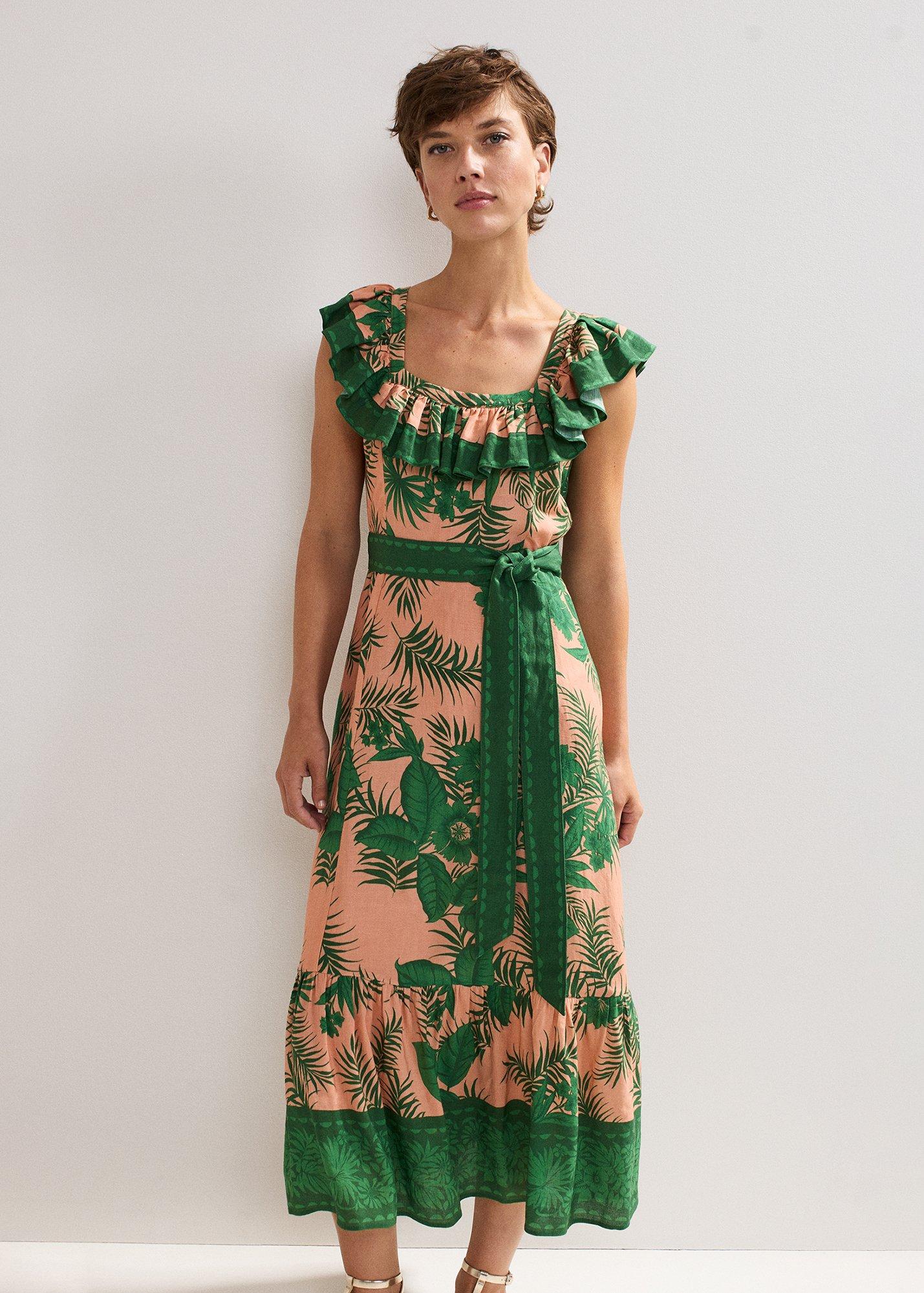 Sandra Frill Sleeve Palm Midi Dress