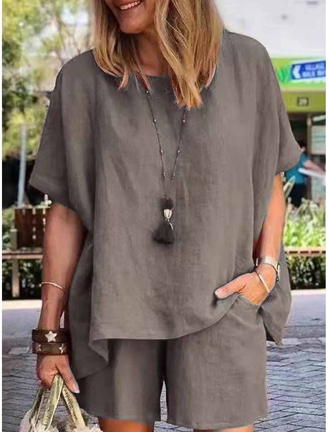 Women's Linen-feel Set Two Piece Sets Short Sleeve Short Pant Crew Neck Pure Color Pocket Elastic Waist Fashion Comfort Soft Daily Home Vacation White Khaki Army Green Summer