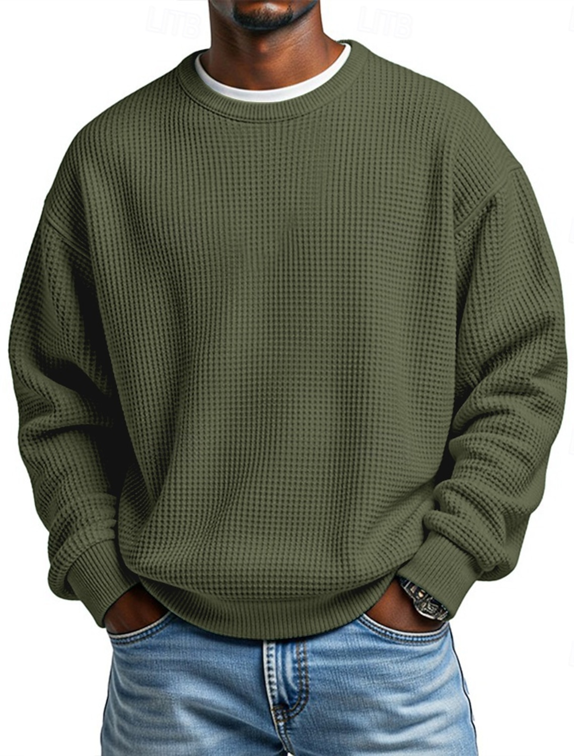 Men's Sweatshirt Waffle Pullover Apricot Black White Light Green Red