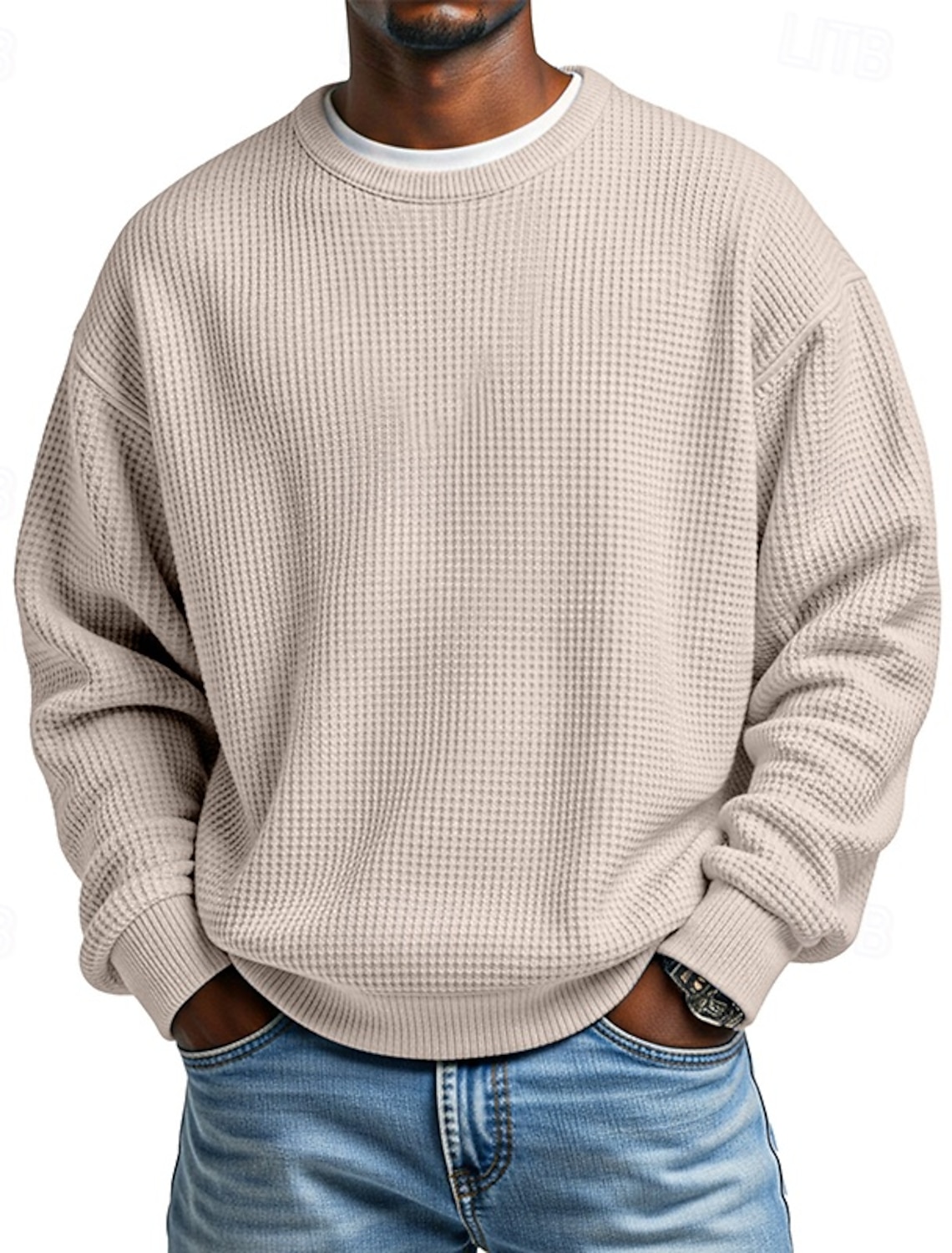 Men's Sweatshirt Waffle Pullover Apricot Black White Light Green Red