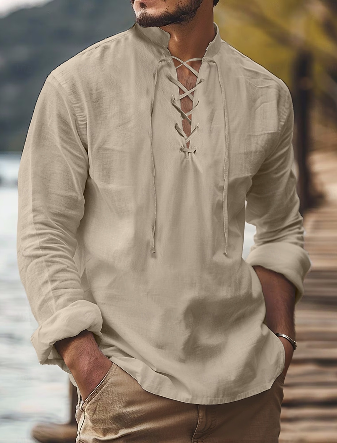 Men's Linen Pants Trousers Summer Drawstring Elastic Waist Wide Leg