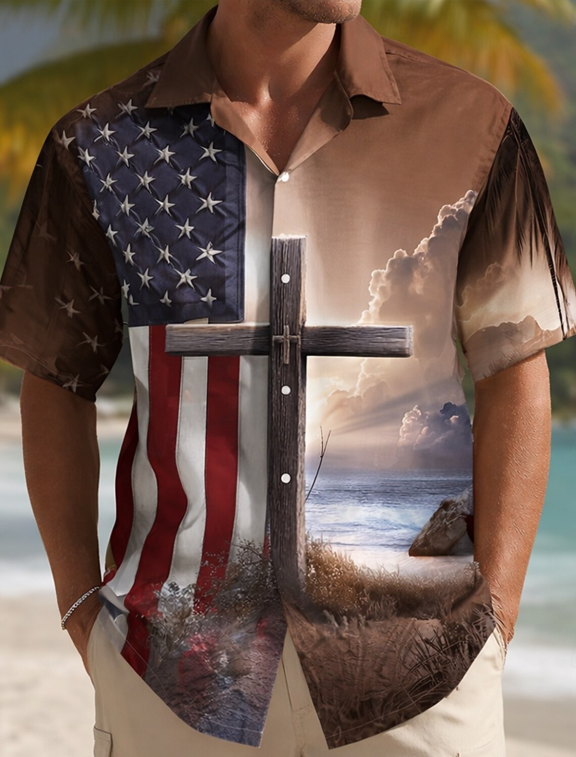 Men's 4th of July U.S. 250th Anniversary Cross US Flag Shirt Cuban Collar Shirt Button Up Shirt Short Sleeve Patriotic Holiday Summer Spring Camp Collar Shirt 3D Print Blue Blue red Purple Dark Blue