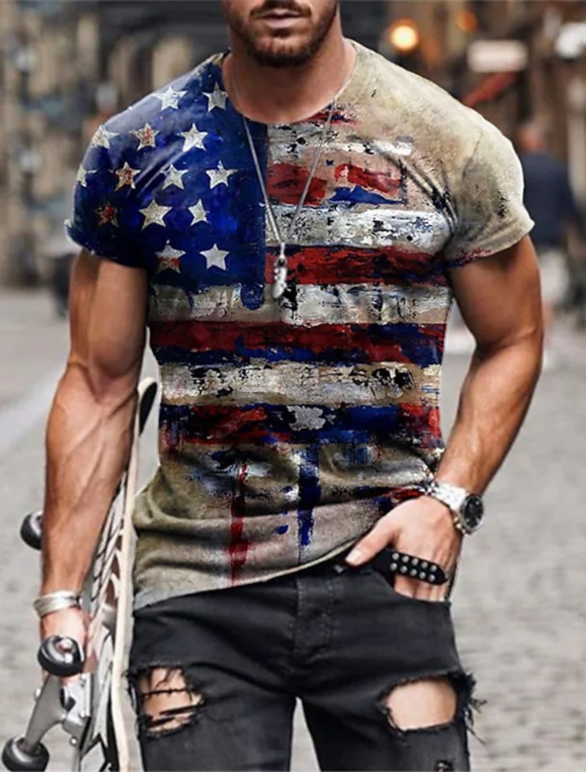 4th of July 2026 250th Memorial Day Men's Patriotic Distressed Patriot Graphic 3D Print American Flag National Flag Veteran Crew Neck Short Sleeve T-Shirt