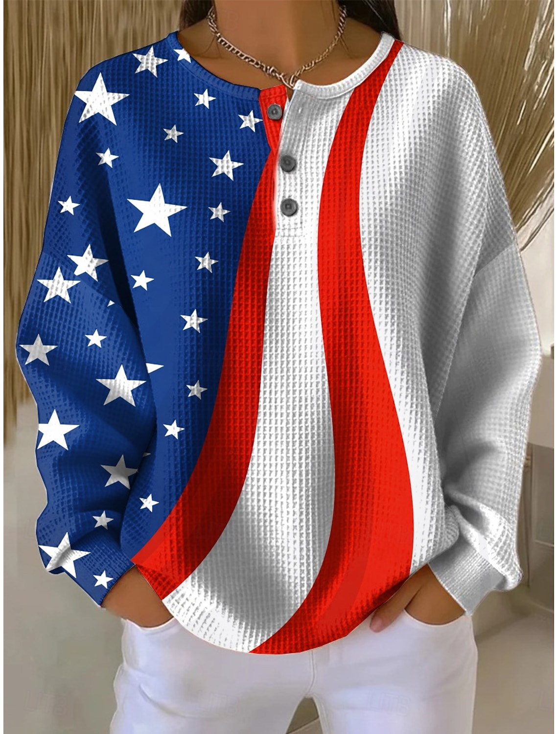American Independence Day Women's Shirt Buttons Print Flag Stylish Modern Long Sleeve V Neck Regular Tops Daily Holiday Red Summer