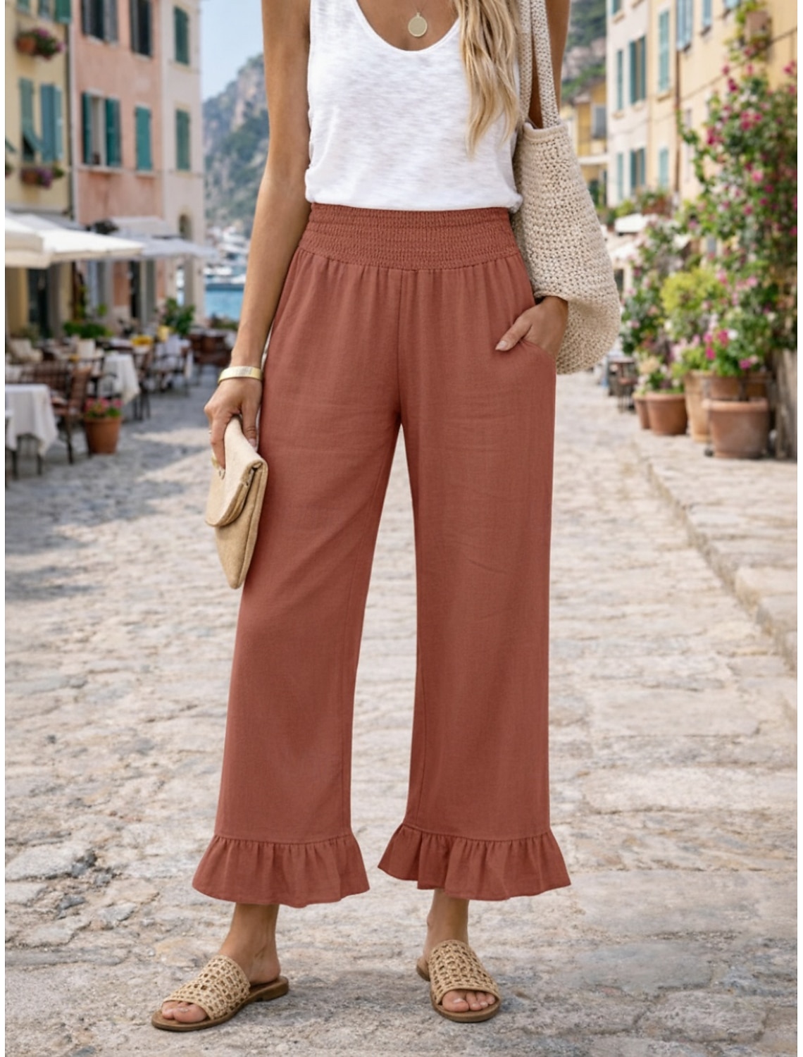 Women's Cotton Linen Pants Wide Leg Chinos Summer Pants Vacation Streetwear Basic Full Length Medium Waist Plain Pocket Elastic Waist Comfy Comfort Micro-elastic Outdoor Vacation Street claret Grey