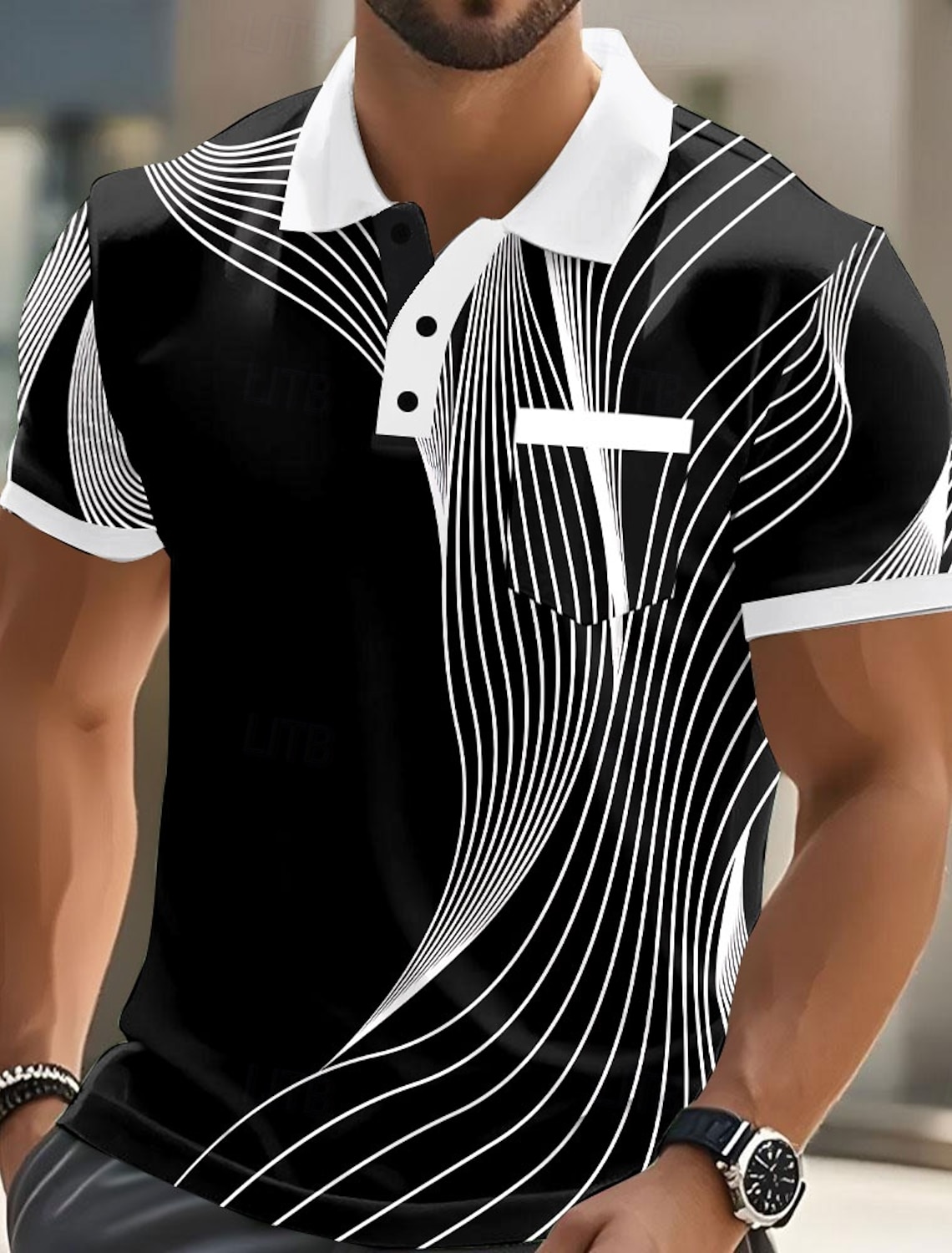 Men's Geometric Polo Long Sleeve Shirts Collared Business Casual