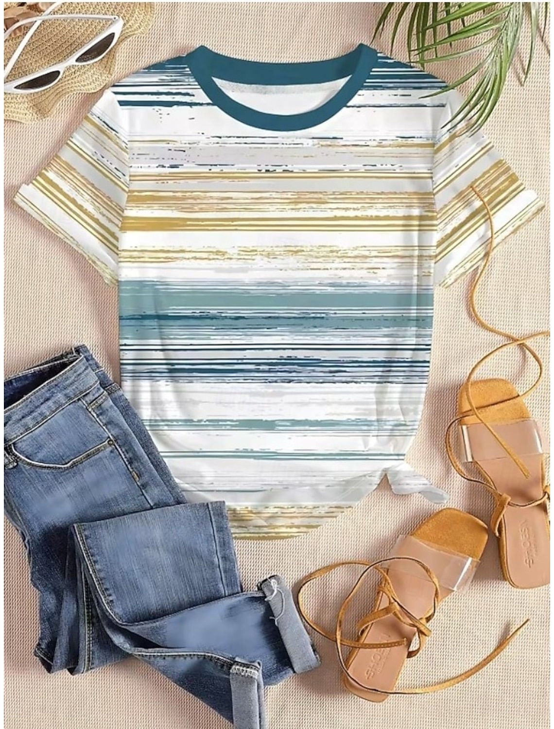 Women's T Shirt Print Striped Graphic Geometric Striped Vintage Stylish Classic Short Sleeve Crew Neck Round Neck Regular Tops Casual Daily White / Green White / Pink Summer Spring