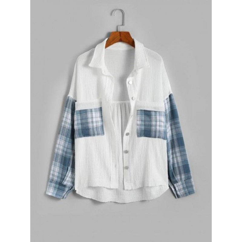 Plaid Panel Front Pockets Button Down Shirt BT6069