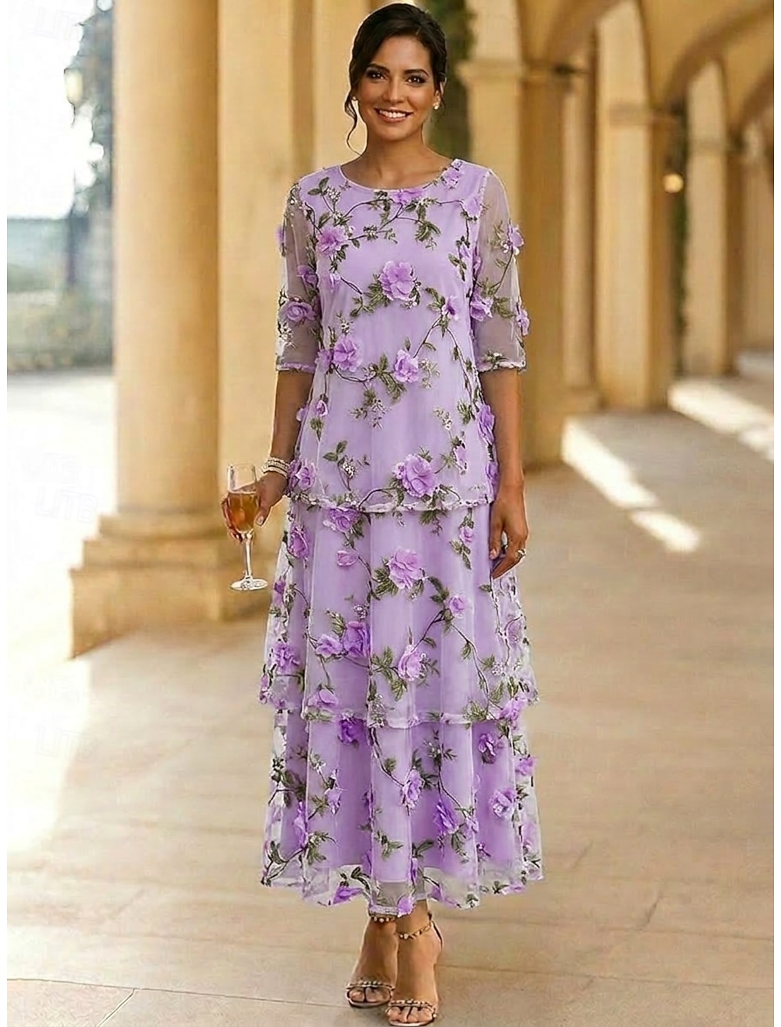 A-Line Dress Ankle Length Party Dress Cocktail Dress Mother of the Bride Dress 3/4 Length Sleeve Scoop Neck Elegant Vintage Formal Wedding Guest Holiday Chiffon Tulle with 3D Flowers Ruffles