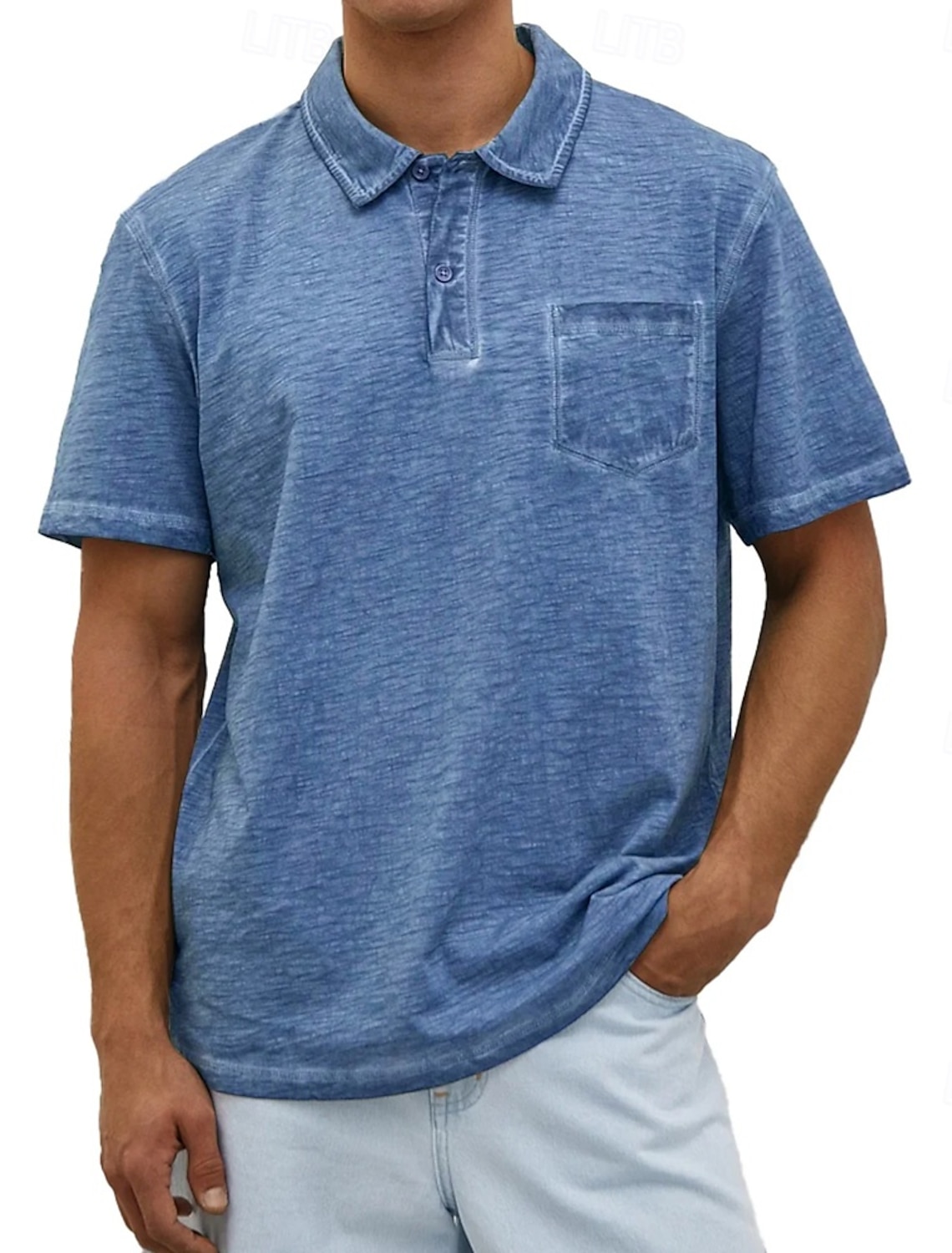 Men's Polo Shirts 100% Cotton Acid Wash Shirt Casual Holiday Lapel