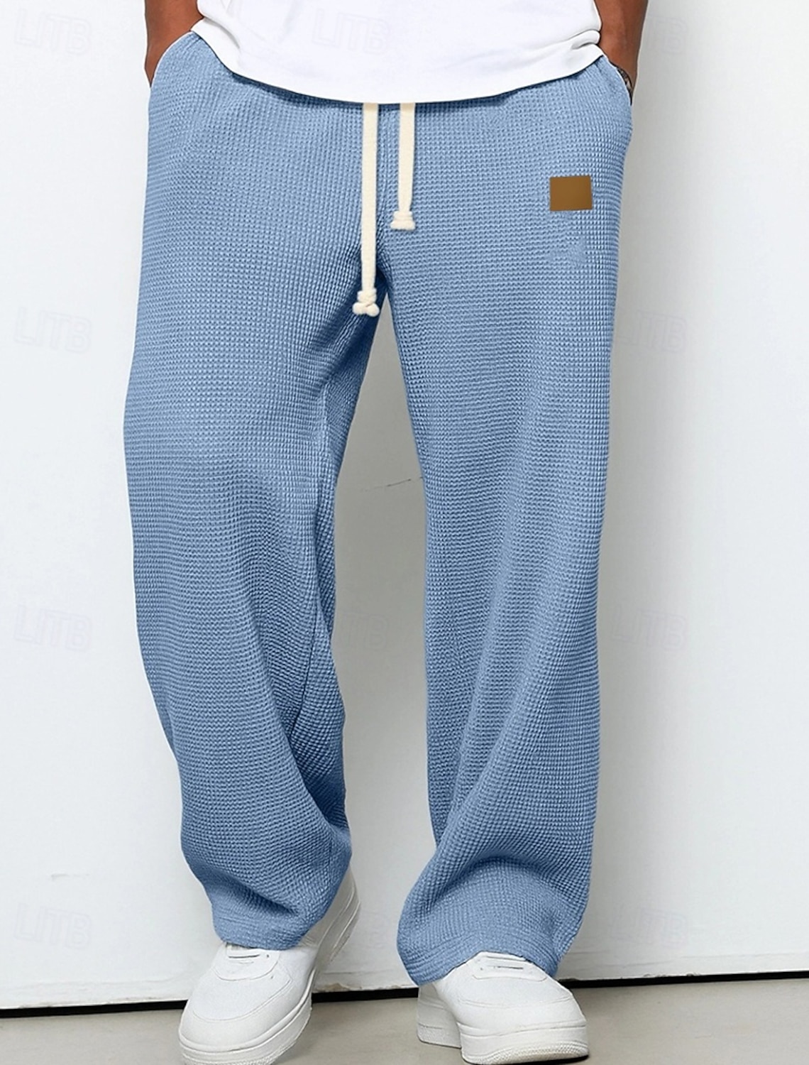 Men's Sweatpants Trousers Straight Leg Waffle Pants Drawstring Pocket