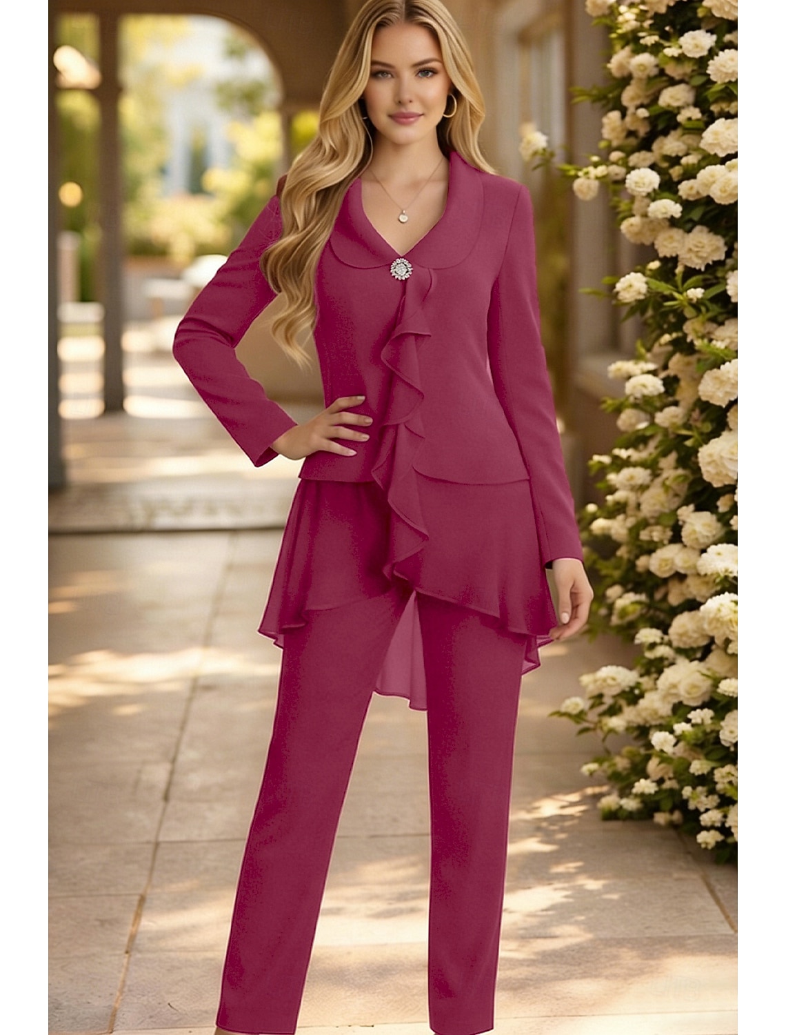 Two Piece Jumpsuit Pantsuit Floor Length Mother of the Bride Dress Long Sleeve V Neck Elegant Plus Size Wedding Guest Chiffon with Ruffles