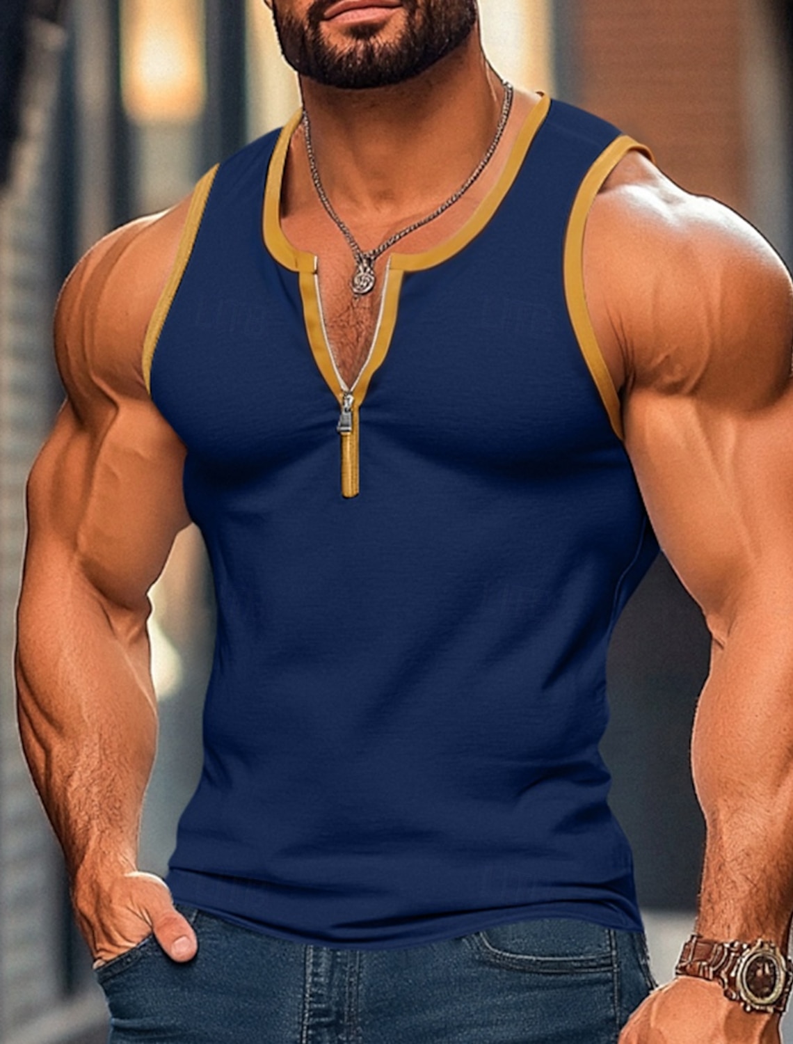 Men's Tank Top Vest Undershirt Sleeveless Shirt Sleeveless U Neck Summer Color Block Patchwork Fashion Classic Comfortable Zipper Casual Gym Street Black Navy Blue Top Tee for Men