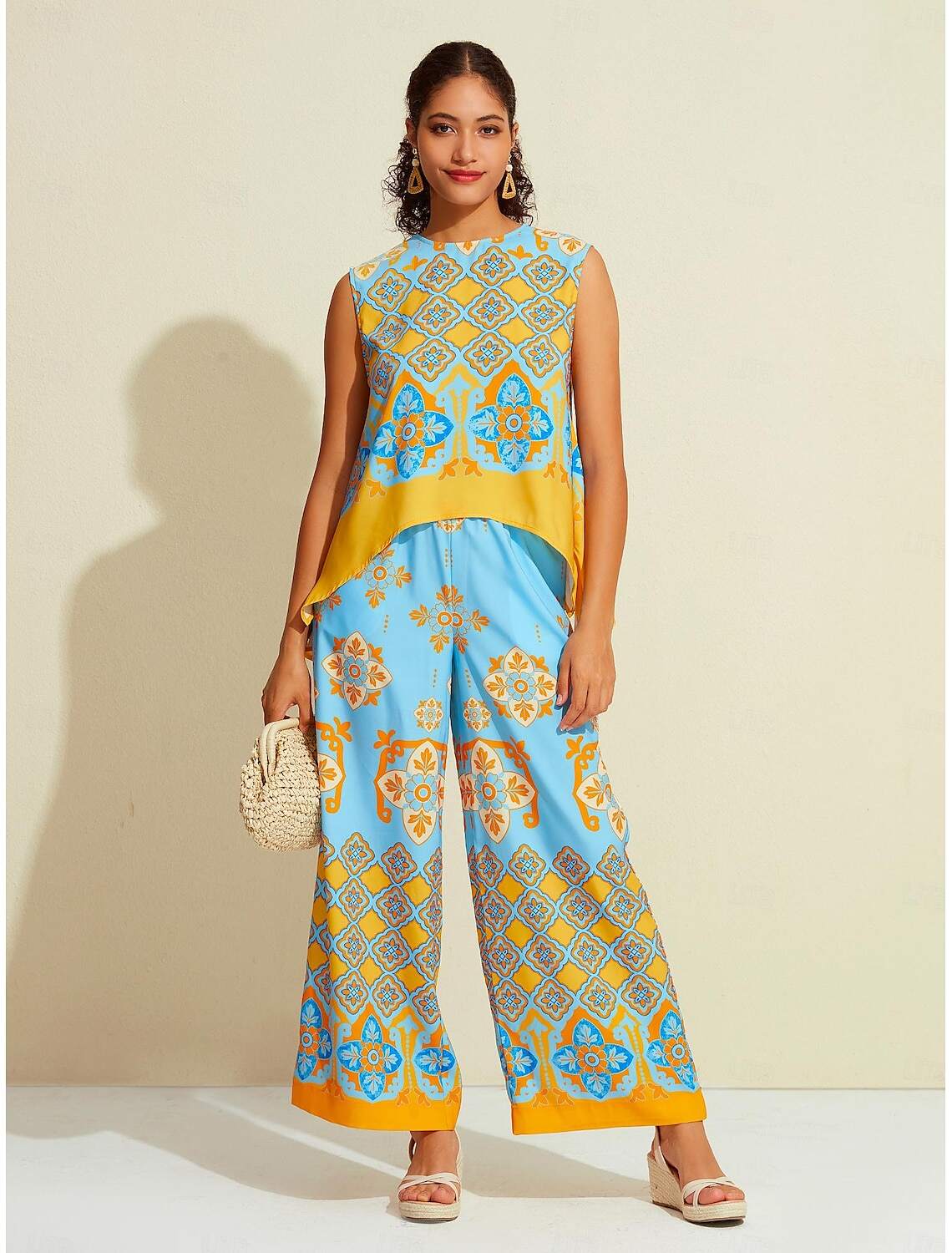 Satin Boho Double Slit Crew Neck Sleeveless Tank Top