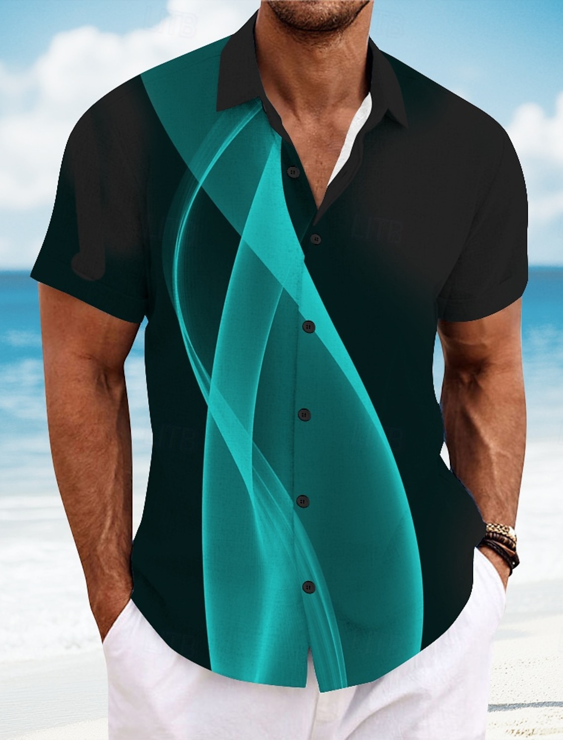 Men's Geometric Gradient Color Line Shirt Summer Button Up Short