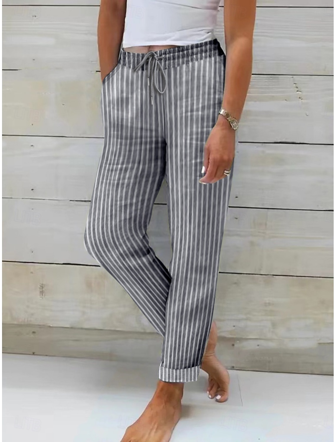 Women's Linen-feel Pants Summer Pants Pants Trousers Streetwear Casual Long High Waist Stripe Pocket Printing Elastic Drawstring Design Breathability Soft Micro-elastic Vacation Street Daily Wear
