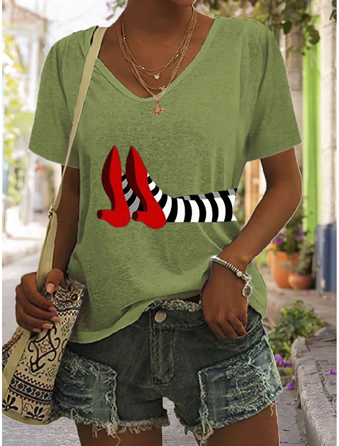 Women's T shirt Witch Graphic Vintage Stylish Classic Short Sleeve V Neck Regular Tops Daily Print Black White Blue Green Summer Spring