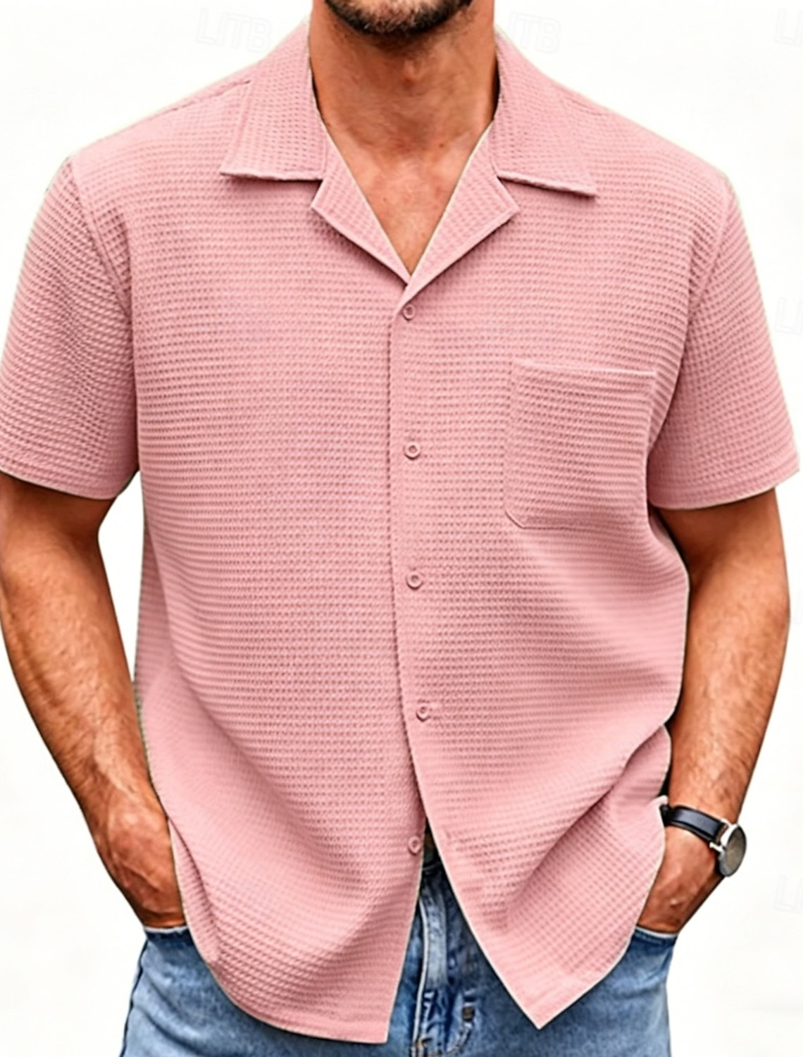 Men's Shirt Waffle Shirt Casual Shirt Button Up Shirt Jacquard Shirt Black White Pink Navy Blue Purple Short Sleeve Plain Shirt Collar Casual Daily Front Pocket Clothing Apparel Elegant Fashion Casual