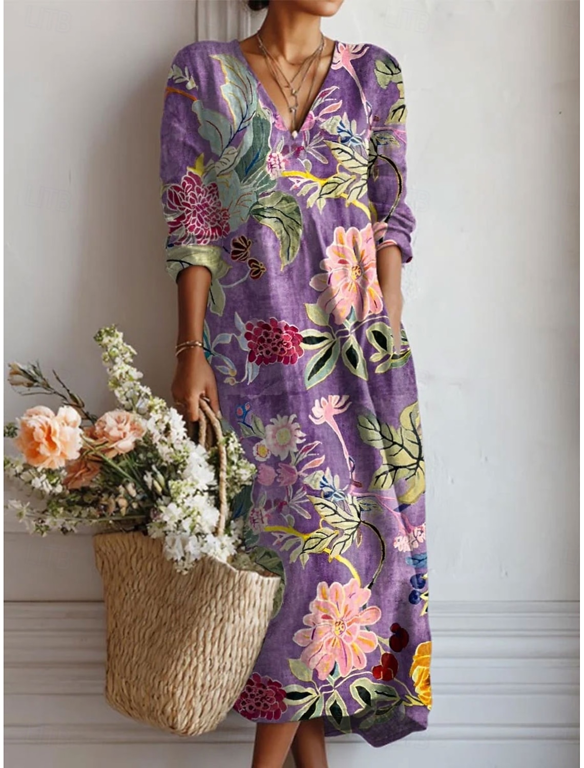Women's Midi Dress Sundress A Line Dress Vacation Casual Boho Holiday Loose Fit Graphic Color Block Abstract Long Sleeve V Neck Blue Purple Orange Summer Spring