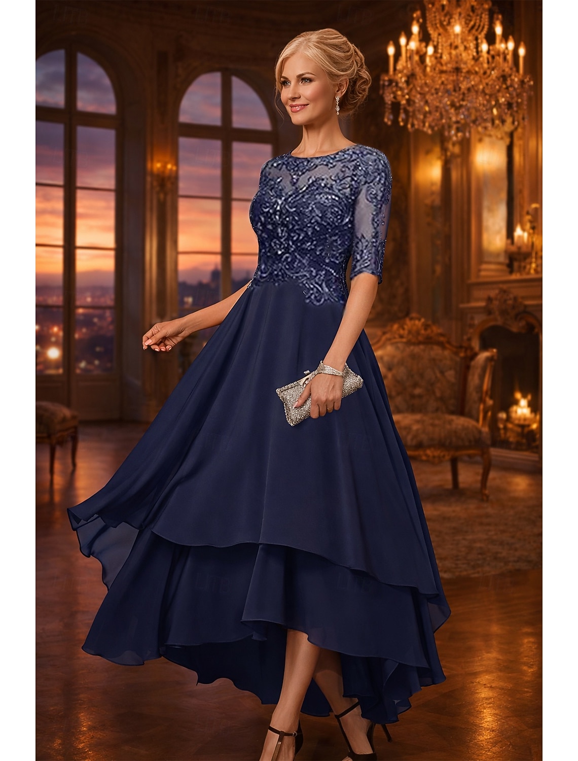 A-Line Asymmetrical Party Dress Cocktail Dress Wedding Guest Dress Mother of the Bride Dress Half Sleeve Boat Neck Elegant Simple Formal Wedding Guest with Solid Color