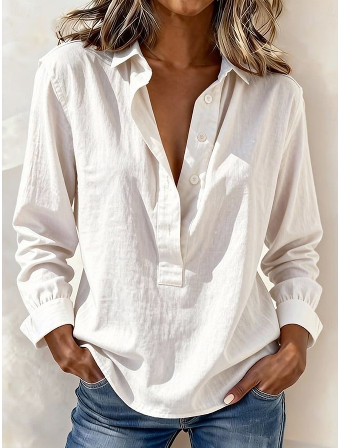 Women's Popover Shirt Summer Shirt Casual Shirt Blouse Buttons Solid Color Fashion Casual Long Sleeve Turndown Regular Tops Daily Beach Holiday Blue White Yellow Pink Green Spring Fall