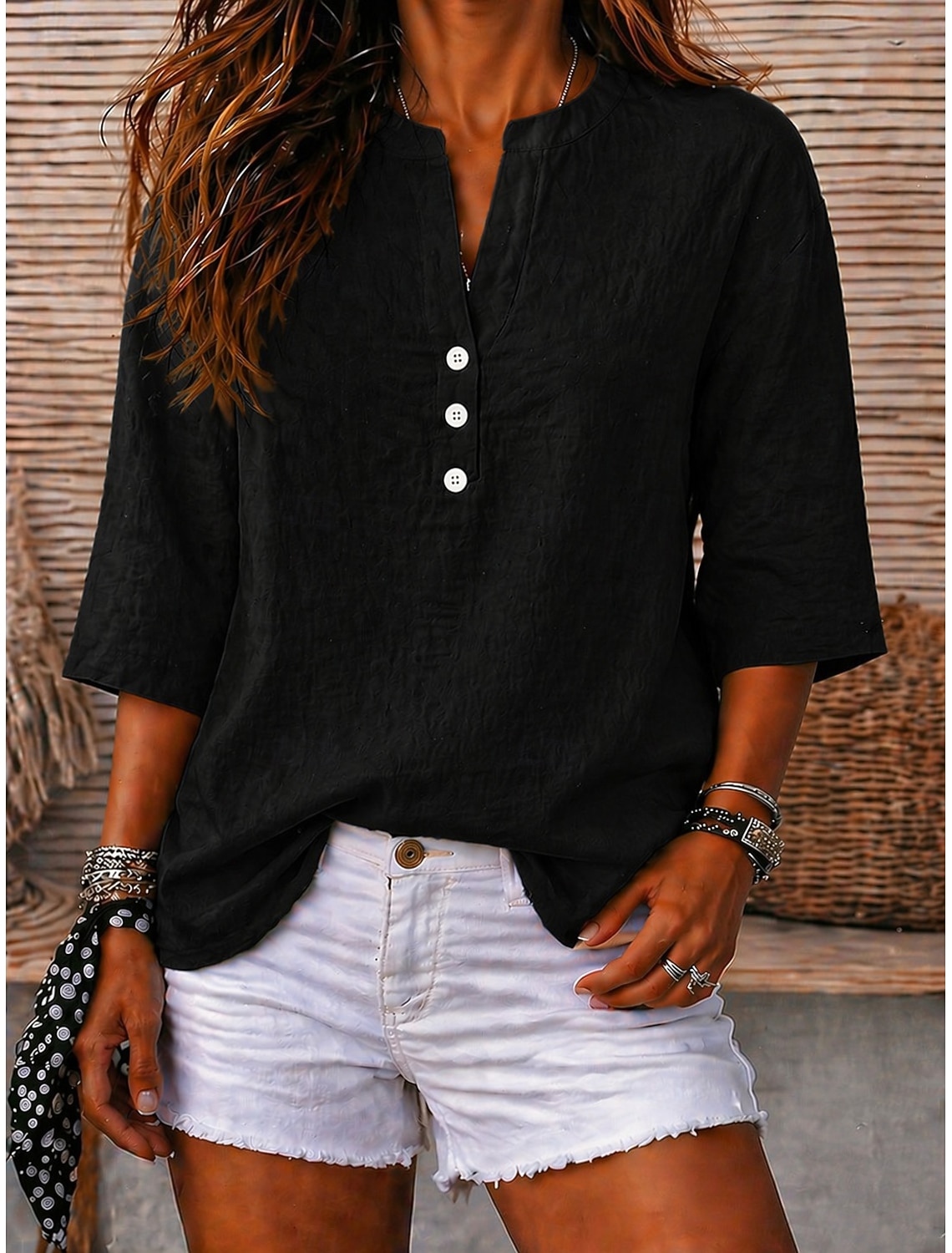 Women's T Shirt Henley Shirt Blouse Tee Elegant Daily Basic Fashion Half Sleeve V Neck Crop Tops Casual Daily Beach Khaki Black Pink Royal Blue Purple Summer Spring