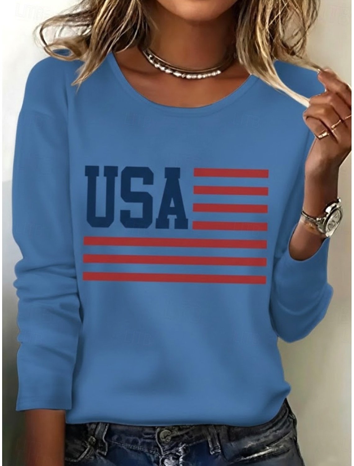 Independence Day PatrioticWomen's T Shirt Print Graphic Flag American Flag Stylish Classic Casual Long Sleeve Crew Neck Regular Tops Daily Blue Black White Red Summer Spring