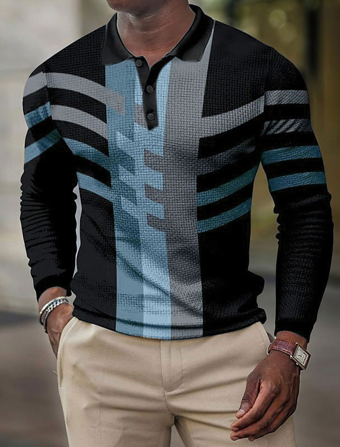 Men's Plaid Waffle Polo Shirts Golf Shirt Long Sleeve Collared Vintage