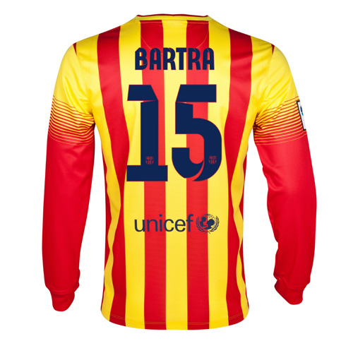 13-14 Barcelona 15 Bartra Away Long Sleeve Soccer Jersey Shirt -