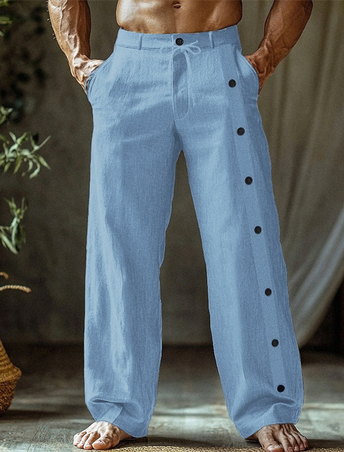 Men's Linen Pants Trousers Summer Pants Beach Pants Buttons Pocket Straight Leg Plain Comfort Breathable Vacation Daily Holiday Hawaiian Boho Black White