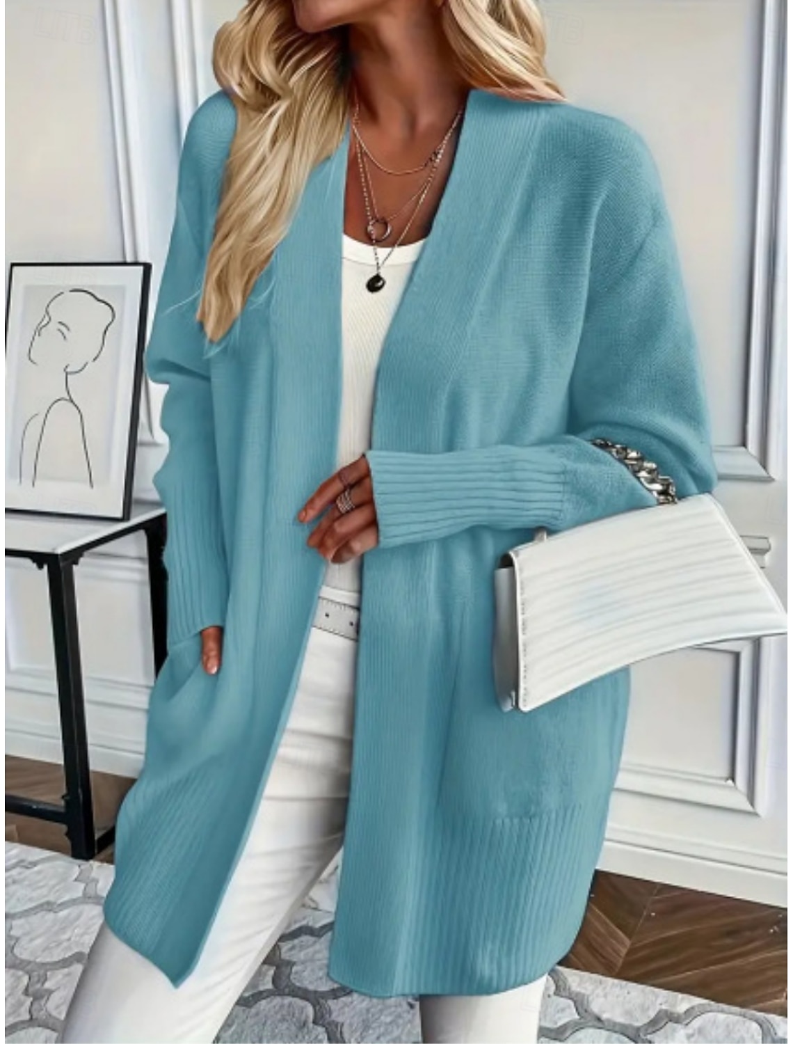 Women's Sweater Cardigan Sweater Elegant Fashion Casual Pure Color Ribbed V Neck Open Front Pocket Knitted Long Sleeve Regular Tops Knit Daily Outdoor Weekend Blue Black Fall Winter