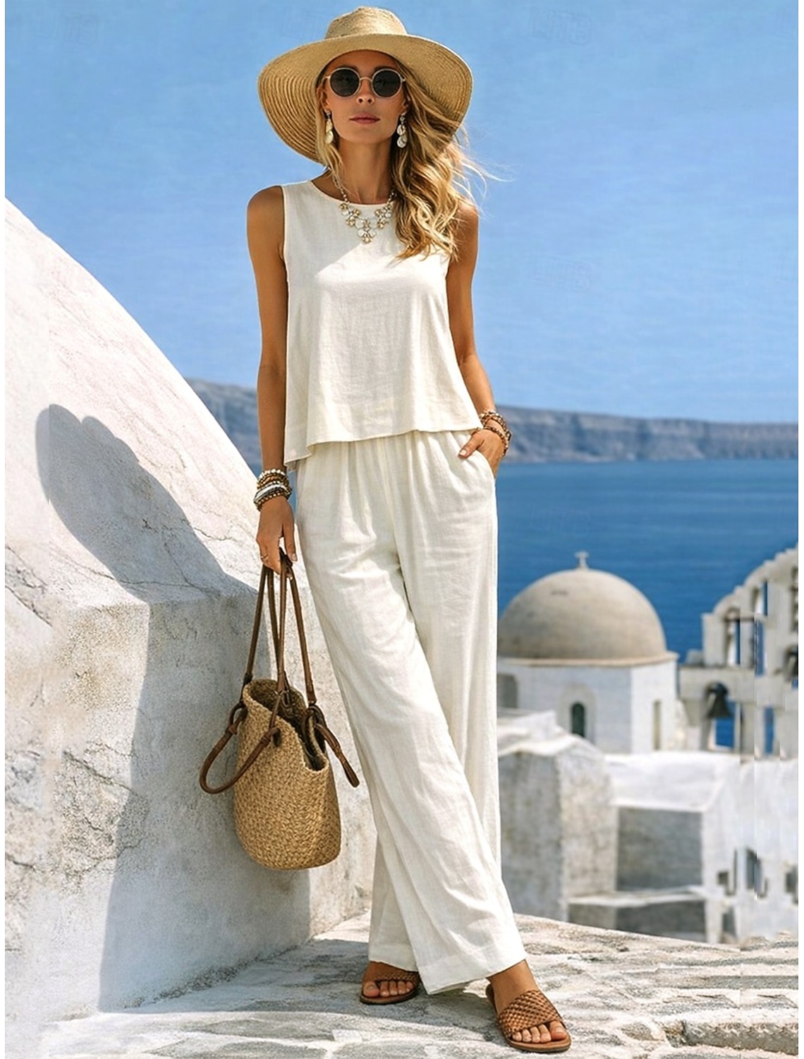 Women's Cotton Linen Sets Cotton Linen Vest Pants Sets Sleeveless Crew Neck Solid Color Fashion Streetwear Casual Daily Outdoor White Yellow Beige Summer Regular Fit