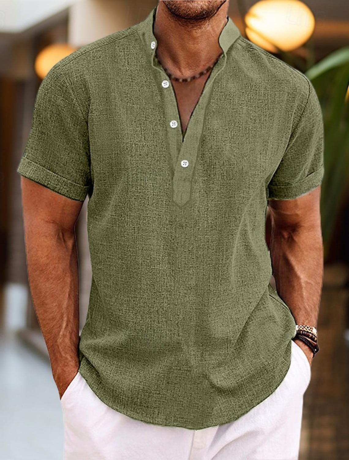 Men's Shirt Linen Summer Beach Solid Color Vacation Curise Green Light