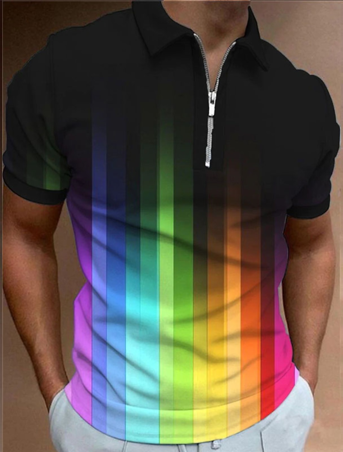 Men's Rainbow Zip Polo Shirts Golf Shirt Short Sleeve Polo Shirts Collared Shirts Casual Vacation Wear Rave Wear Party Outfits 3D Print Quarter Zip Polo Rainbow