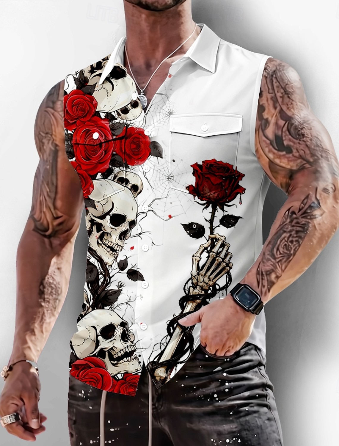 Men's Skeleton Rose Skulls Shirt Button Up Sleeveless Dark Gothic