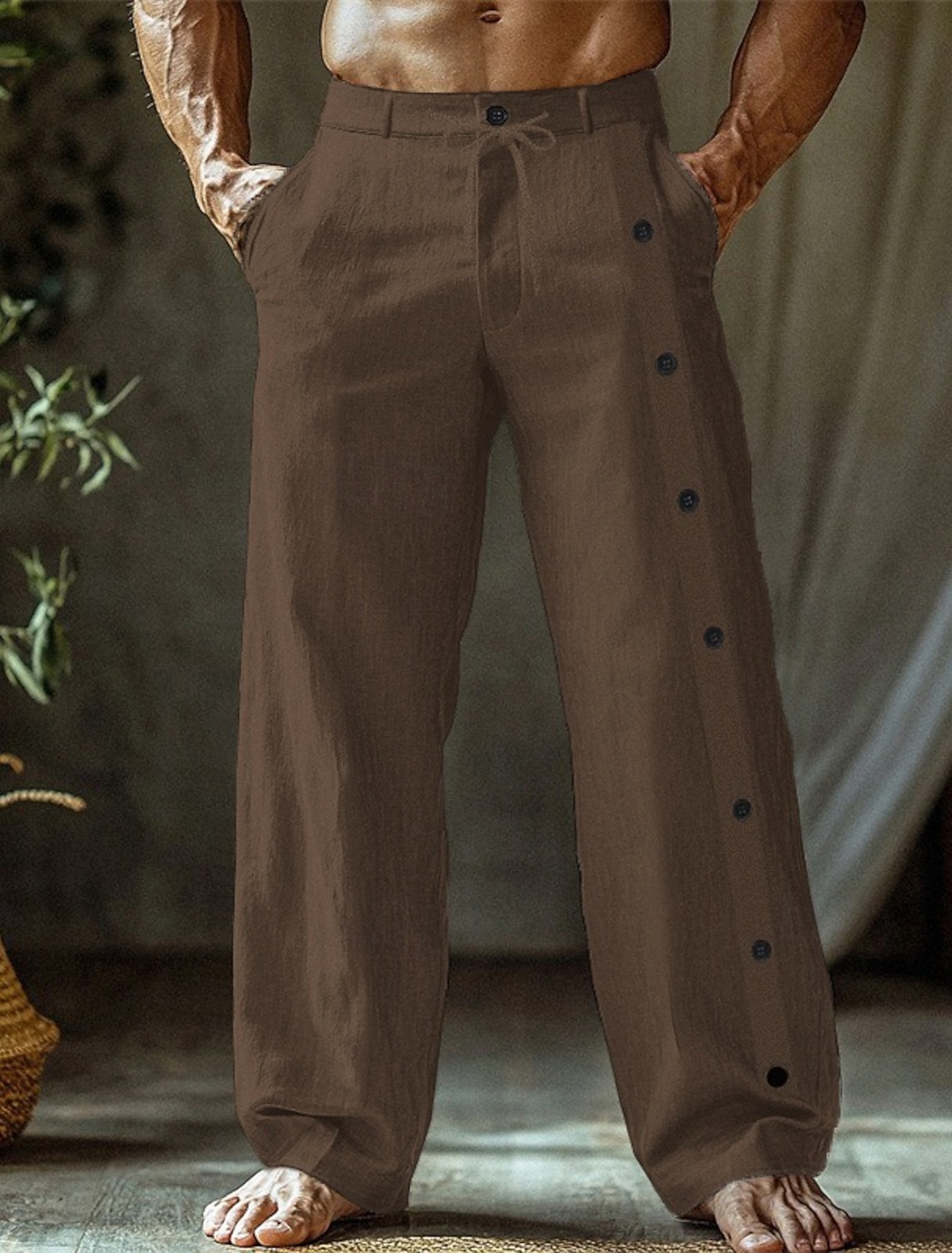 Men's Linen Pants Trousers Summer Pants Beach Pants Buttons Pocket Straight Leg Plain Comfort Breathable Vacation Daily Holiday Hawaiian Boho Black White