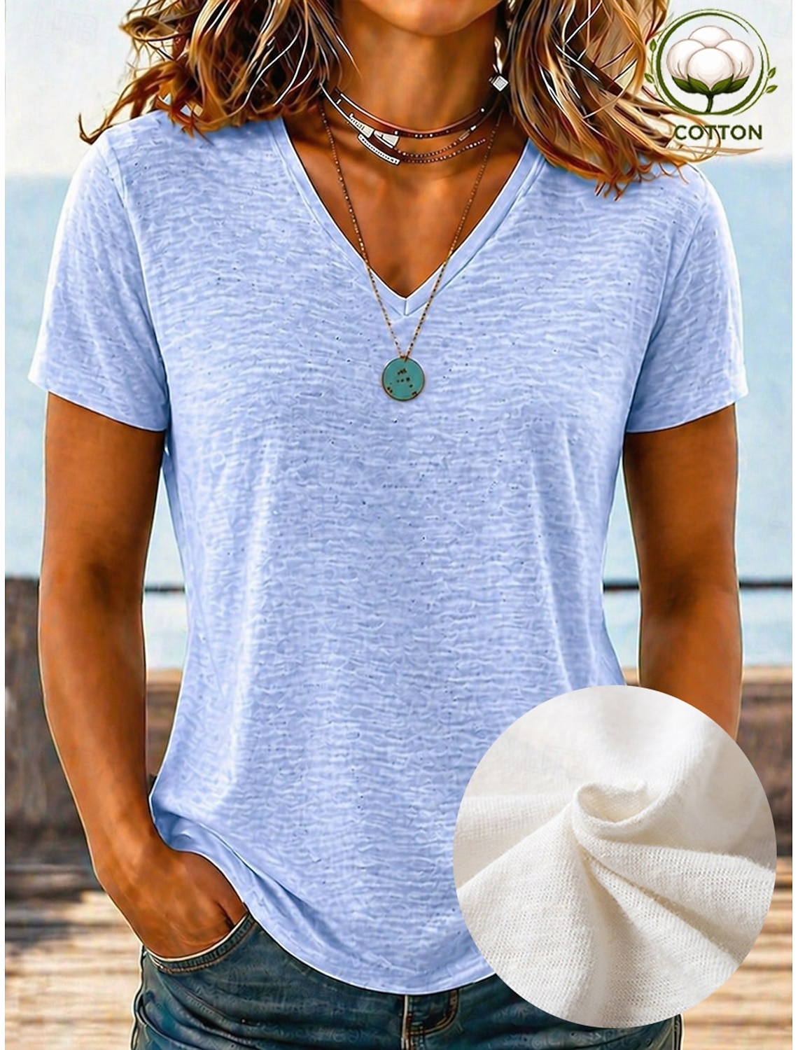 Women's Shirt Texture Blouse Summer Tops Plain Stylish Classic Short Sleeve V Neck Long Tops Casual Light Beige Light Green Light Purple Summer Spring