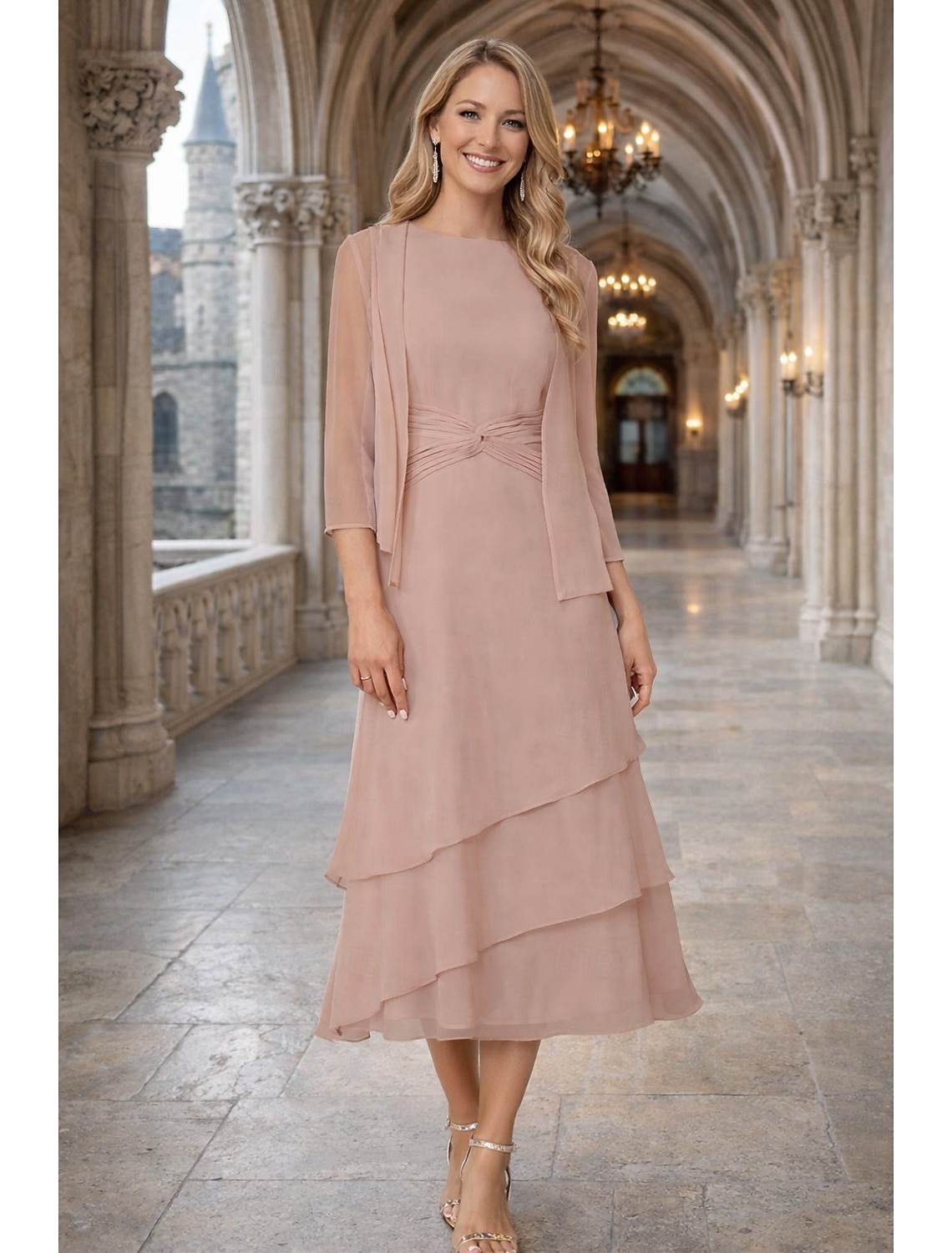 Two Piece Sheath Column Tea Length Wedding Guest Dress Mother of the Bride Dress 3/4 Length Sleeve Crew Neck Jewel Neck Elegant Wedding Guest Chiffon Wrap Included with Ruching