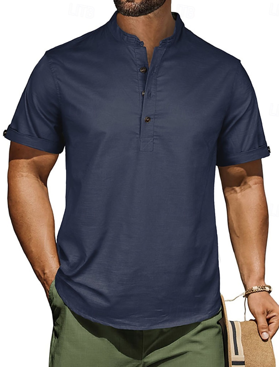 Men's Waffle T-shirt Linen Shirt T Henley Short Sleeve Stand Collar