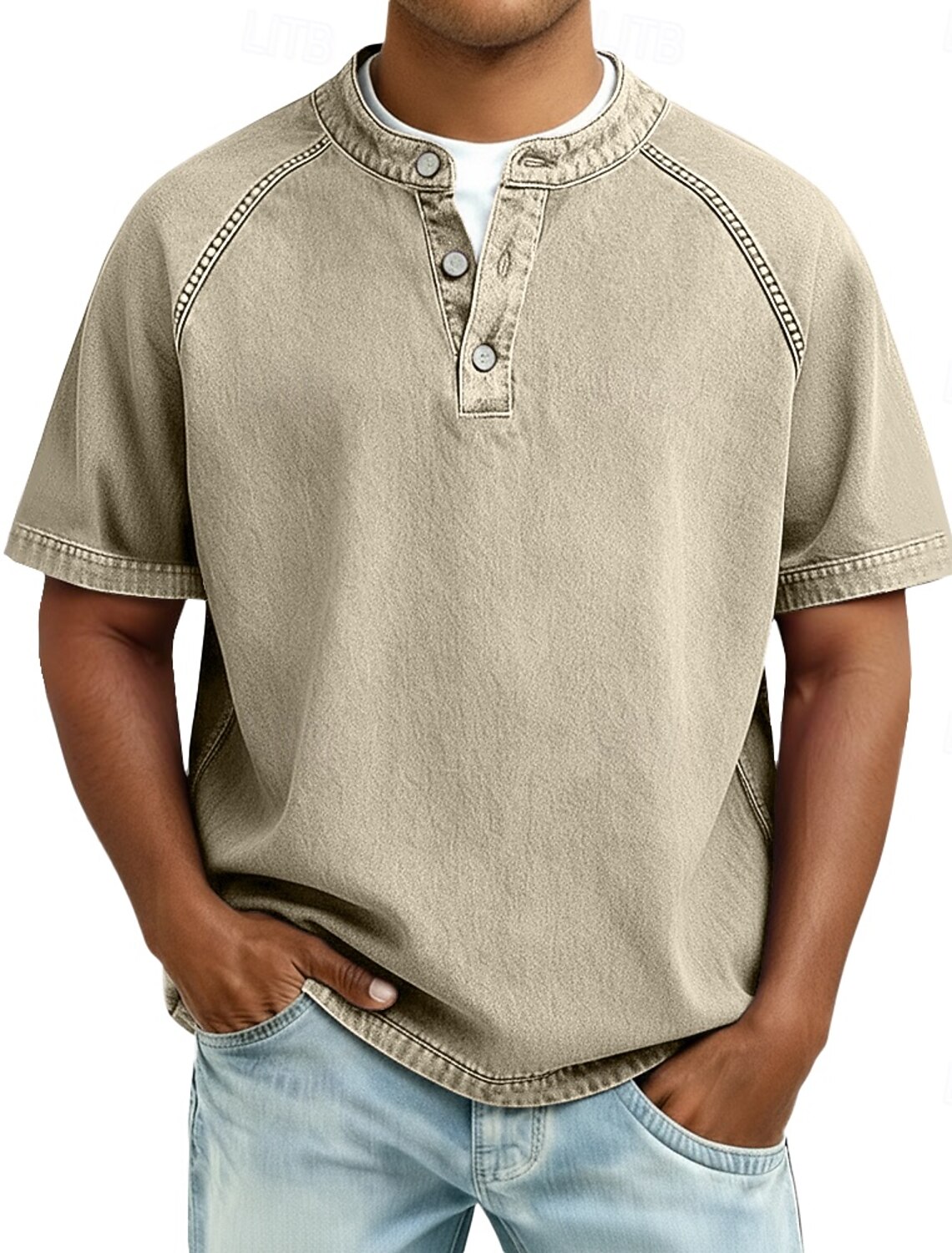 Men's T Shirt Henley 100% Cotton Acid Wash Tee Top Short Sleeve Plain