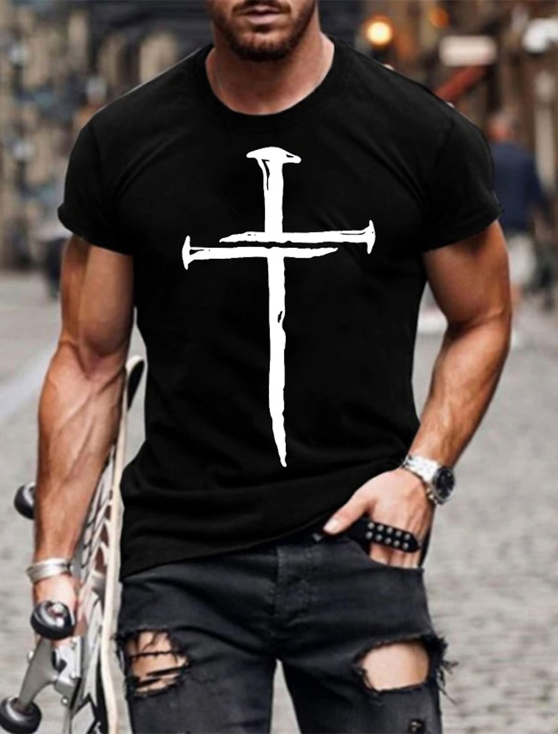 Men's Casual Short Sleeve Graphic T-Shirt with Beige Nail Cross Faith Design