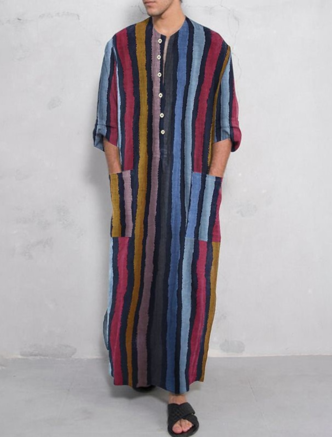 Men's Plus Size Pajamas Robes Gown Nightgown Sleepwear 1PC Stripes Muslim Daily Cotton Blend Comfort Breathable Pocket Spring & Fall Blue Photo Color