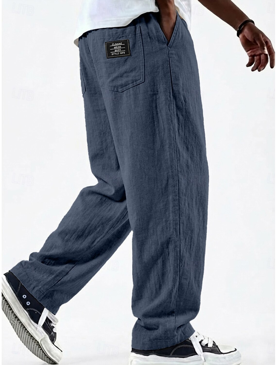 Men's Linen Pants Trousers Summer Baggy Pocket Elastic Waist Straight