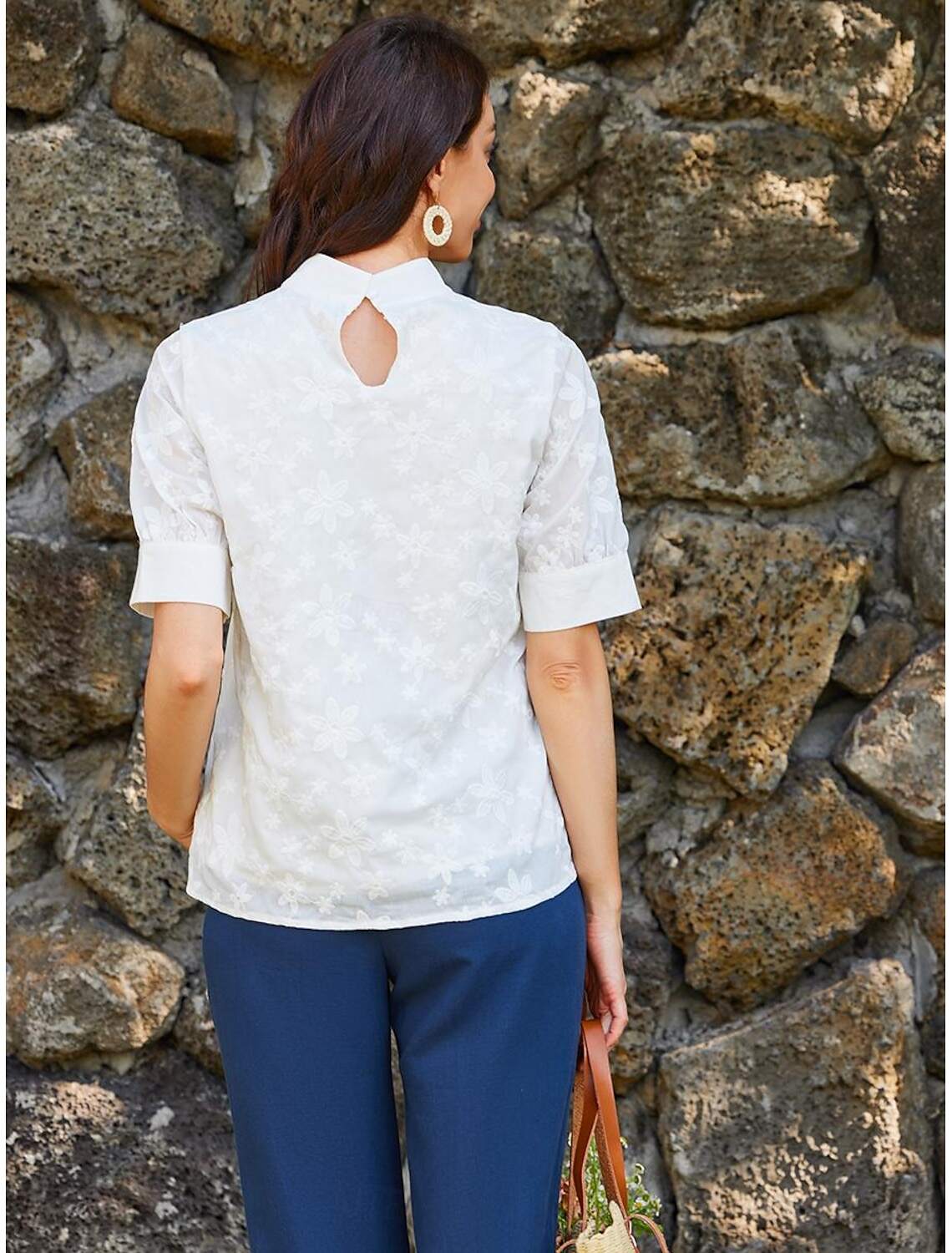 Women's Elegant Lace Tops Eyelet Blouse Turtleneck Dressy Tops Luxurious Floral Regular Tops Short Sleeve Embroidered Regular Fit Vacation Casual Romantic Petite Tops Summer Holiday Wear