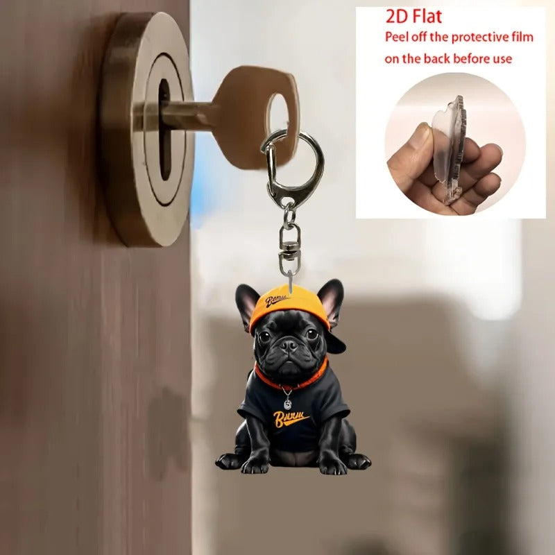 Cute French Bulldog Keychain – 2D Flat Acrylic Dog Charm