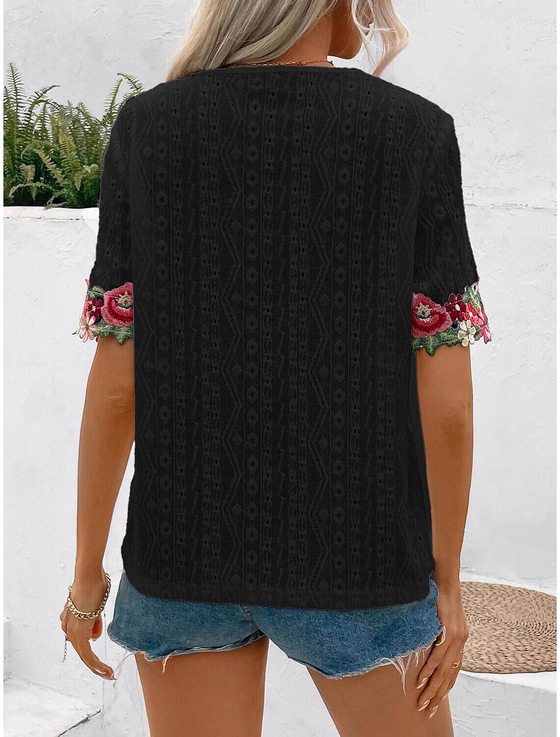 Women's Elegant Lace Tops Eyelet Blouse Floral Embroidery V-Neck Half Sleeve Summer Casual Outdoor Everyday Wear Romantic Petite Tops Summer Holiday Wear